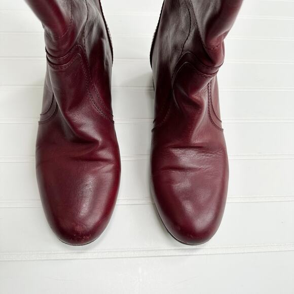 Chanel CC Burgundy Leather CC Quilted Diamond Stitched Block Heel Boots Calf 38 - Picture 2 of 13
